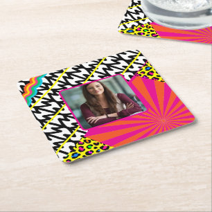 Maximalist Birthday Photo Patterns Colourful   Square Paper Coaster