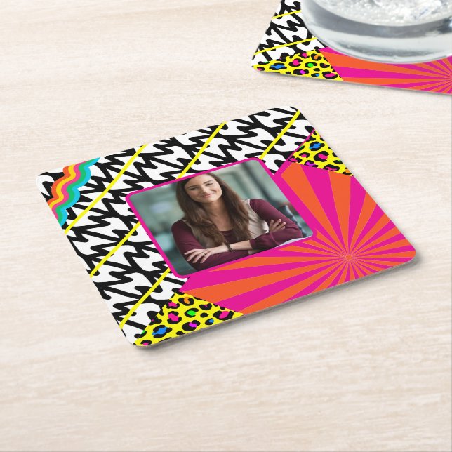 Maximalist Birthday Photo Patterns Colourful   Square Paper Coaster (Angled)