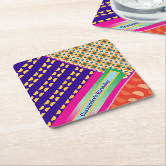 Maximalist Birthday Repeating Patterns Colourful  Square Paper Coaster