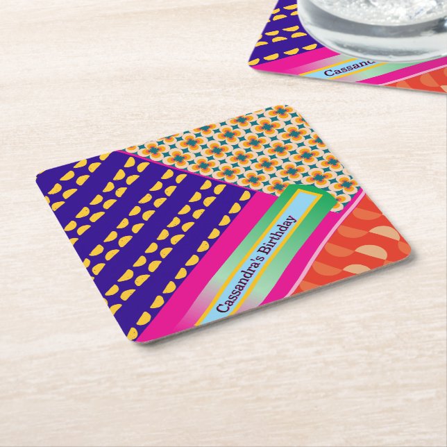 Maximalist Birthday Repeating Patterns Colourful  Square Paper Coaster (Angled)