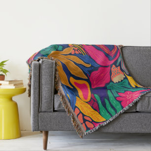 Maximalist bright colourful floral pattern winter throw blanket