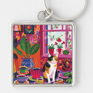 Maximalist Calico Cat and Tea Room Key Ring