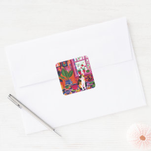 Maximalist Calico Cat and Tea Room Square Sticker