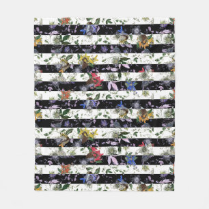 Maximalist Colourful Flowers Black White Stripe Fleece Blanket