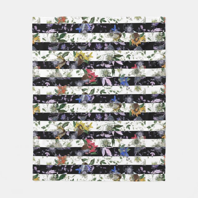 Maximalist Colourful Flowers Black White Stripe Fleece Blanket (Front)