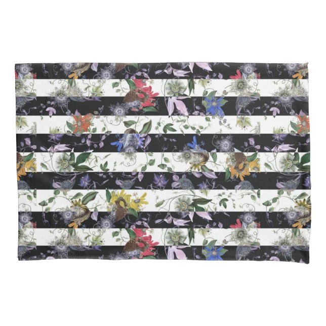 Maximalist Colourful Flowers Black White Stripe Pillowcase (Front)