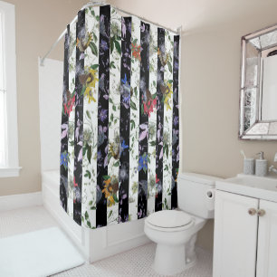 Maximalist Colourful Flowers Black White Stripe Shower Curtain