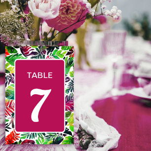 Maximalist colourful tropical leaves arch wedding table number