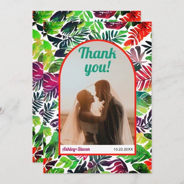 Maximalist colourful tropical leaves arch wedding thank you card (Front/Back)
