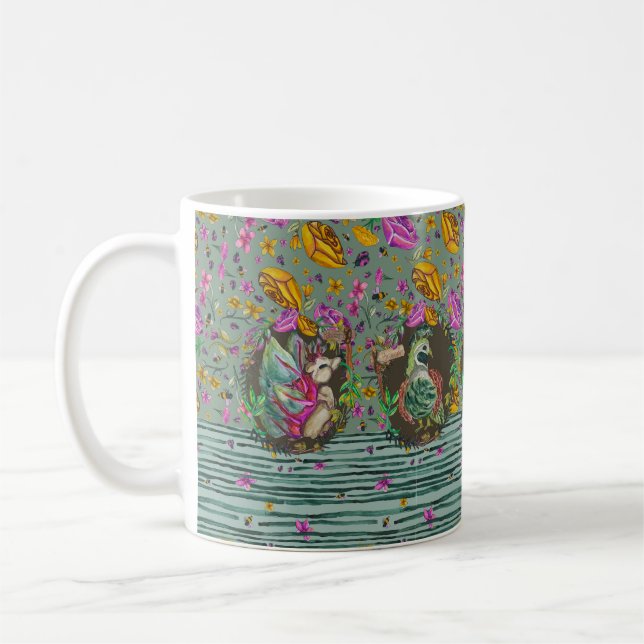 Maximalist fantasy garden creature coffee mug (Left)