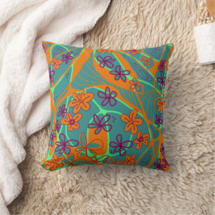 Maximalist Floral Neuro Art - Teal Orange Magenta  Cushion