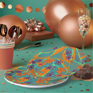 Maximalist Floral Neuro Art - Teal Orange Magenta Paper Plate