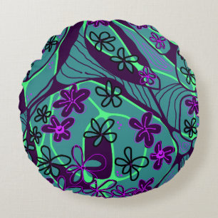 Maximalist Floral Neuro Art - Teal Purple Black Round Cushion