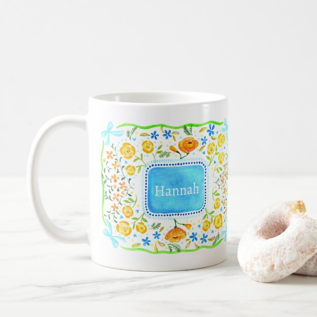 Maximalist Fresh Floral Personalized with name  Coffee Mug (With Donut)