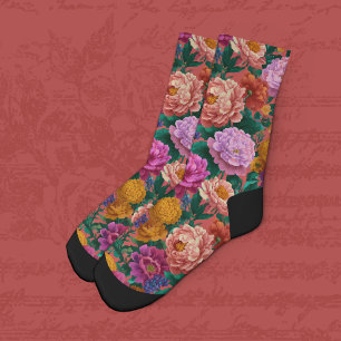 Maximalist Lilac and Peach Blooms on Pink Socks