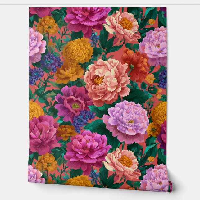 Maximalist Lilac and Peach Blooms on Pink Wallpaper (Unrolling)