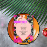 Maximalist Marbled Modern Floral Wedding Menu<br><div class="desc">Light pink 6 sided geometric shape over pink orange and peach modern floral with dark marbleised design. Pink "menu" text over bright purple bar with black text underneath.</div>