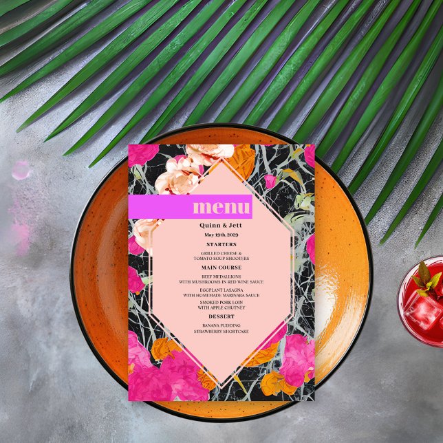 Maximalist Marbled Modern Floral Wedding Menu (Creator Uploaded)