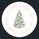 Maximalist Pink Green Christmas Return Address Classic Round Sticker<br><div class="desc">This flexible sticker design features a Christmas tree ornately decorated in pink and white, with circular text border. Shown here for a return address label but all of the text fields are flexible to your needs eg could be a thank you favour sticker. All watercolor elements originally handpainted by me...</div>