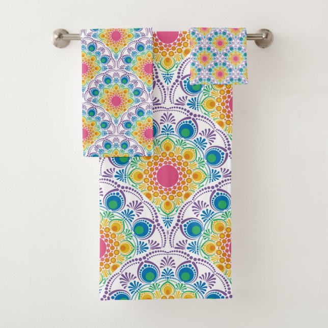 Maximalist Rainbow Floral Fountain Art Deco Scales Bath Towel Set (Insitu)