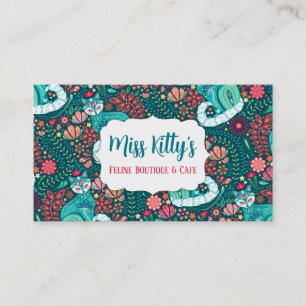 Maximalist Teal Cat on Folksy Floral Business Card