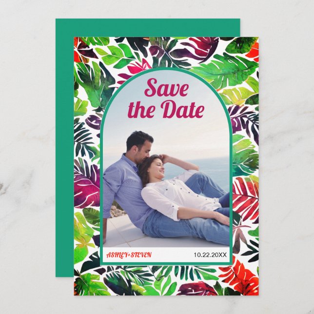 Maximalist tropical leaves boho arch Save the Date (Front/Back)