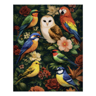 Maximalist Vintage Moody Botanical Garden Birds Poster
