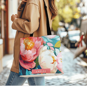 Maximalist watercolor Vibrant Floral peonies Tote Bag