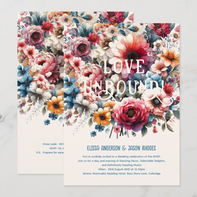 Maximalist Wedding Invitations Floral Theme GOLD (Front/Back)