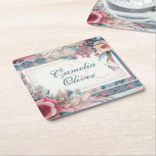 Maximalist Wedding Vintage Floral Decor Square Paper Coaster