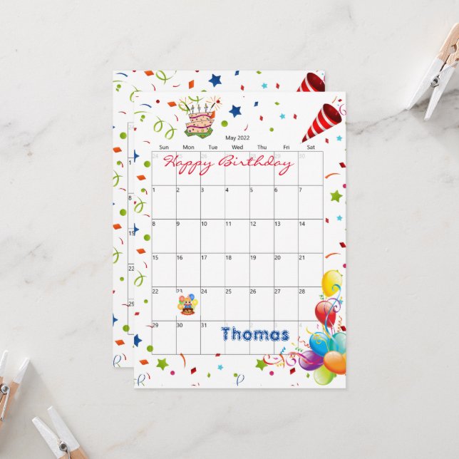 May 2022 Calendar Happy Birthday Invitation  (Front/Back In Situ)