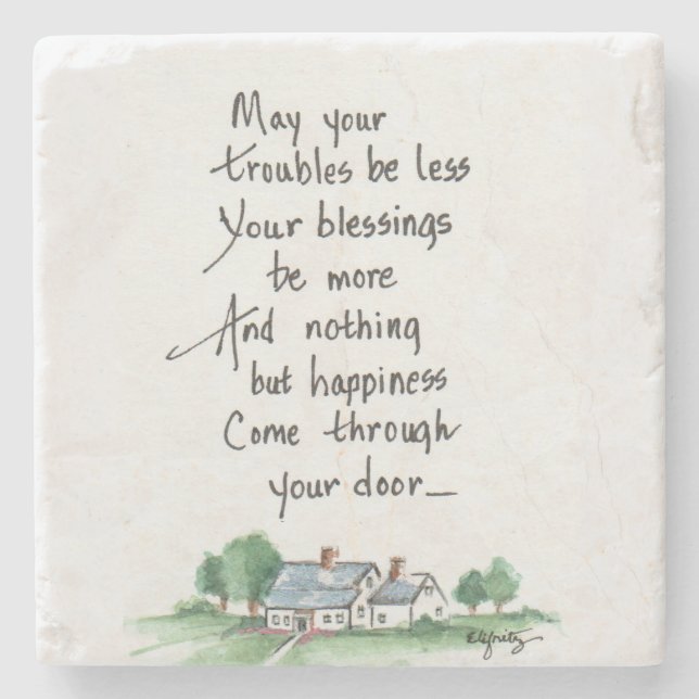 "May All Your Troubles be Less" House sketch Paper Stone Coaster (Front)