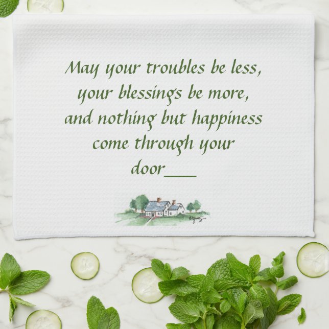 "May All Your Troubles be Less" House sketch  Tea Towel (Folded)