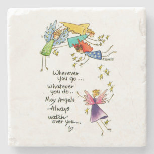 "May Angels Always Watch Over You" drawing Stone Coaster