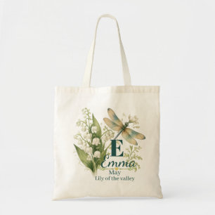 May Birth Flower Lily of the Valley Monogram Drago Tote Bag
