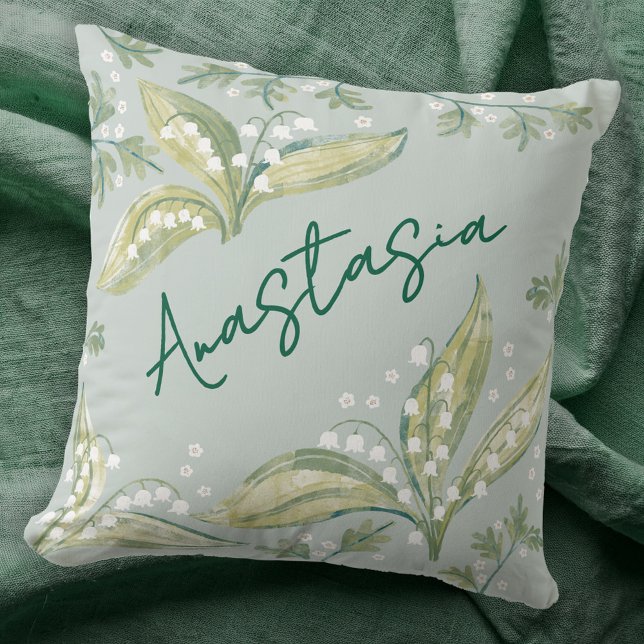 May Birth Month Daffodil Personalized Cushion (May birthday personalized custom name birth month flower lily of the valley hawthorn throw pillow)
