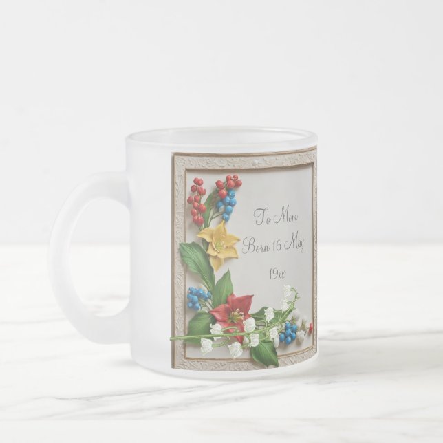 May Blossoms Hawthorn and Lily of the Valley Frosted Glass Coffee Mug (Left)