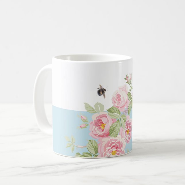 May Day Summer Roses Aqua Stripe Coffee Mug (Front Left)