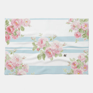 May Day Summer Roses aqua stripe Tea Towel