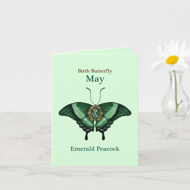 May Emerald Peacock Butterfly Art Birthday Card (Small Plant)