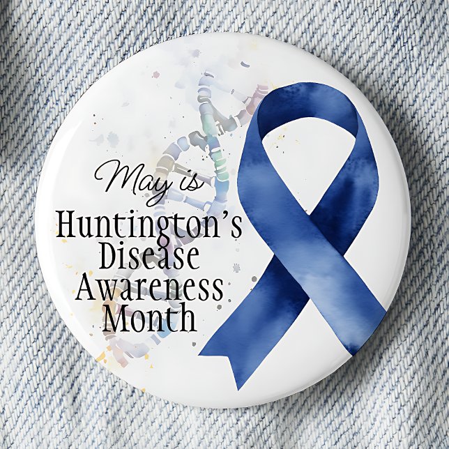 May Huntington's Disease Awareness Month - DNA 6 Cm Round Badge (May is Huntington's Disease Awareness month, awareness blue ribbon, DNA strand, pinback button.)
