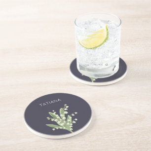 May Lily of the Valley Floral Bouquet Custom Name Coaster