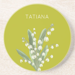 May Lily of the Valley Floral Bouquet Custom Name Coaster