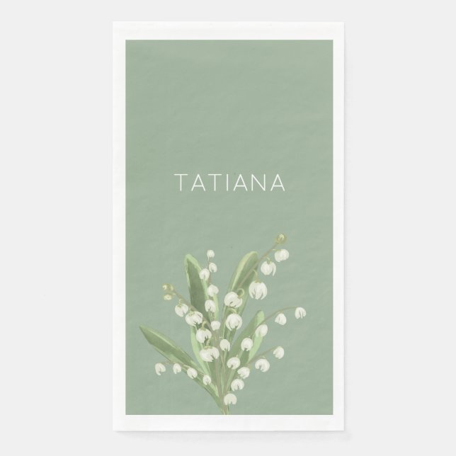 May Lily of the Valley Floral Bouquet Custom Name Napkin (Front)
