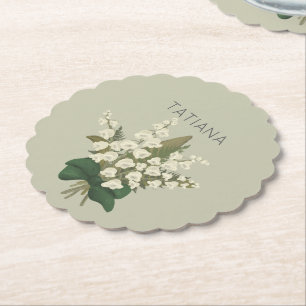 May Lily of the Valley Floral Bouquet Custom Name Paper Coaster
