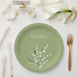 May Lily of the Valley Floral Bouquet Custom Name Paper Plate