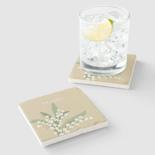May Lily of the Valley Floral Bouquet Custom Name Stone Coaster
