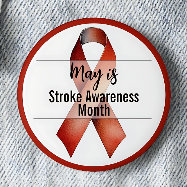 May Stroke Awareness Month Ribbon 6 Cm Round Badge (May is Stroke Awareness Month pinback button.  Red awareness ribbon.)