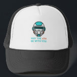 May the 4th Be With You Sci-Fi Helmet Illustration Trucker Hat<br><div class="desc">Vector illustration of a futuristic robotic helmet with Star Wars inspired pun for May 4th celebrations.</div>