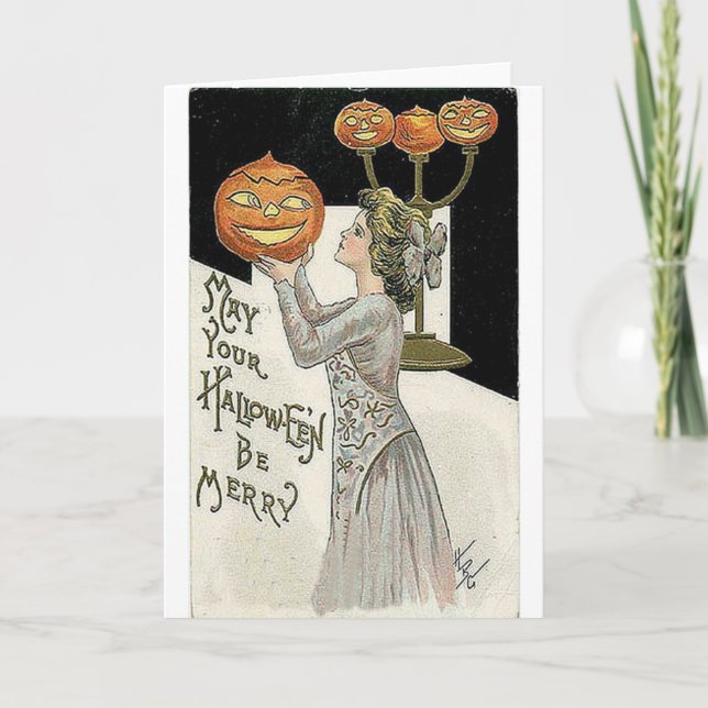 May Your Halloween Be Merry Woman and Pumpkin Card (Front)
